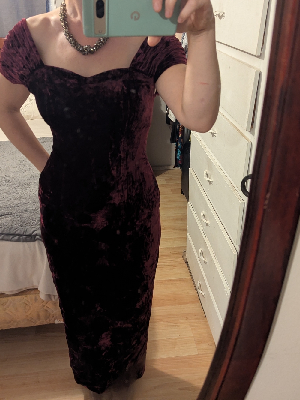 Velvet Off-Shoulder Maxi Dress in Deep Plum